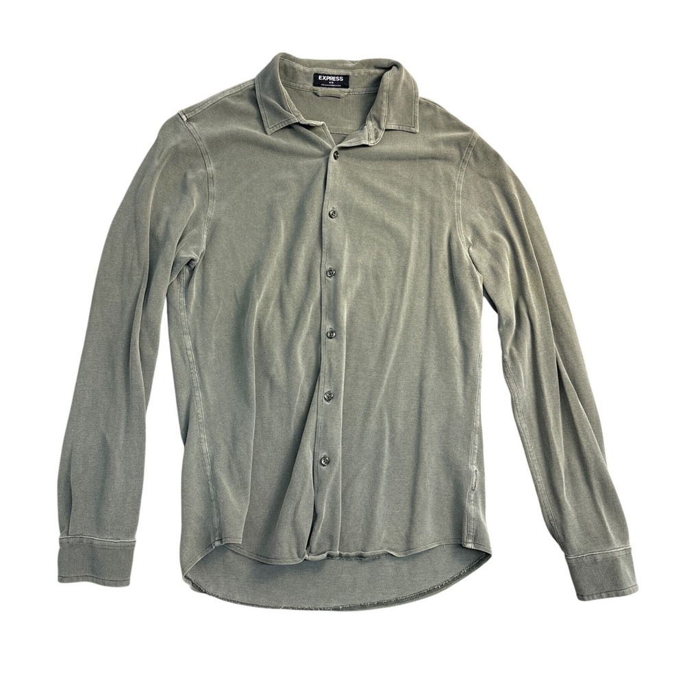 Express Mens Long Sleeve Button Down Shirt M Green Cotton Textured Faded Wash